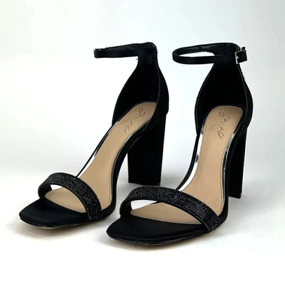New Jewel Badgley Mischka Women Shoes Black Satin Block Heel Open Sandals US 8.5